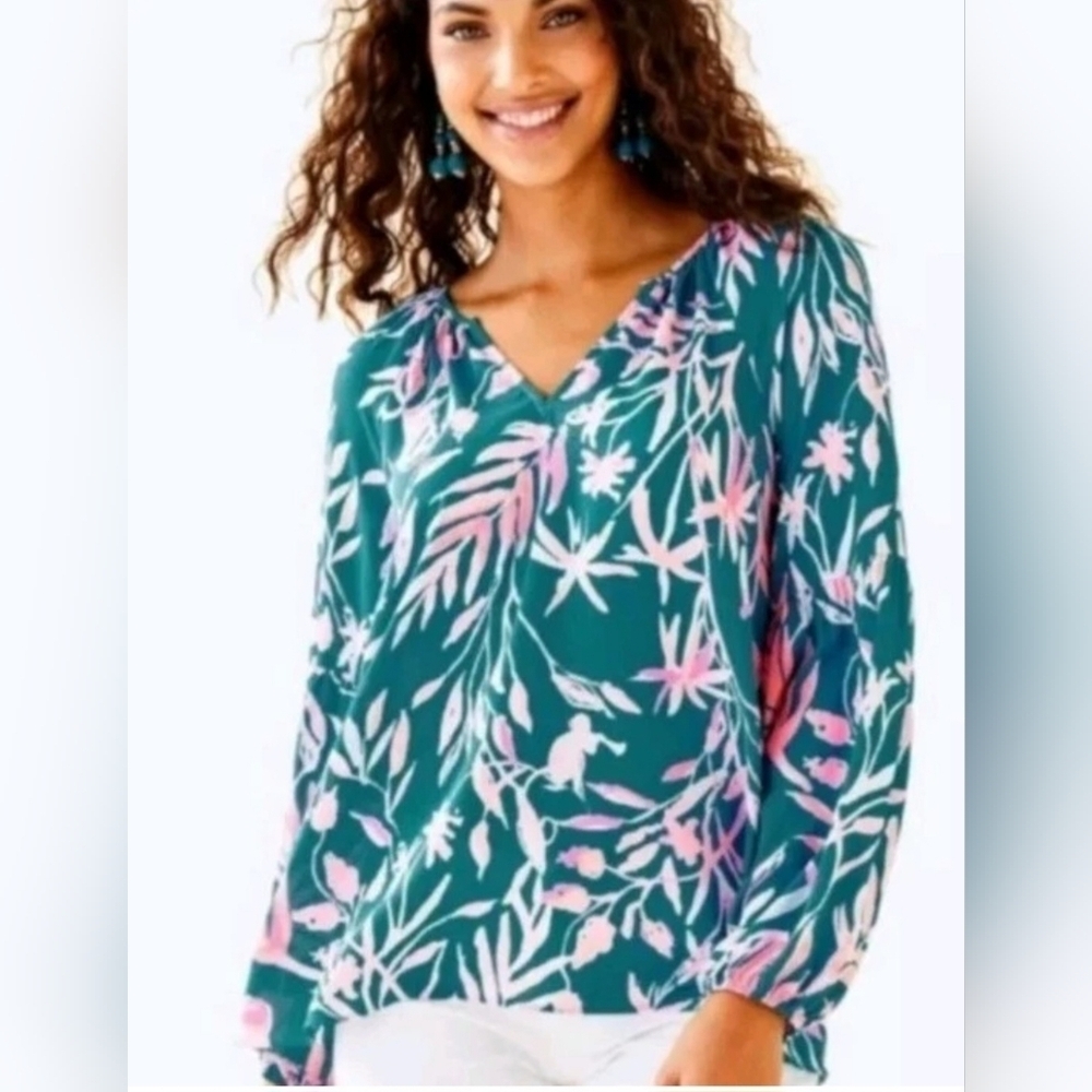 Lilly Pulitzer Amelia Floral Blouse Top Long Sleeve Off Shoulder V-Neck Size L - Picture 1 of 12